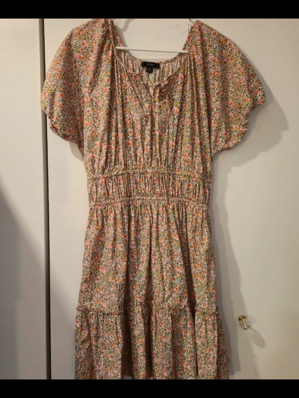 J. Crew Pink Floral Smocked Midi Dress with Flutter Sleeves